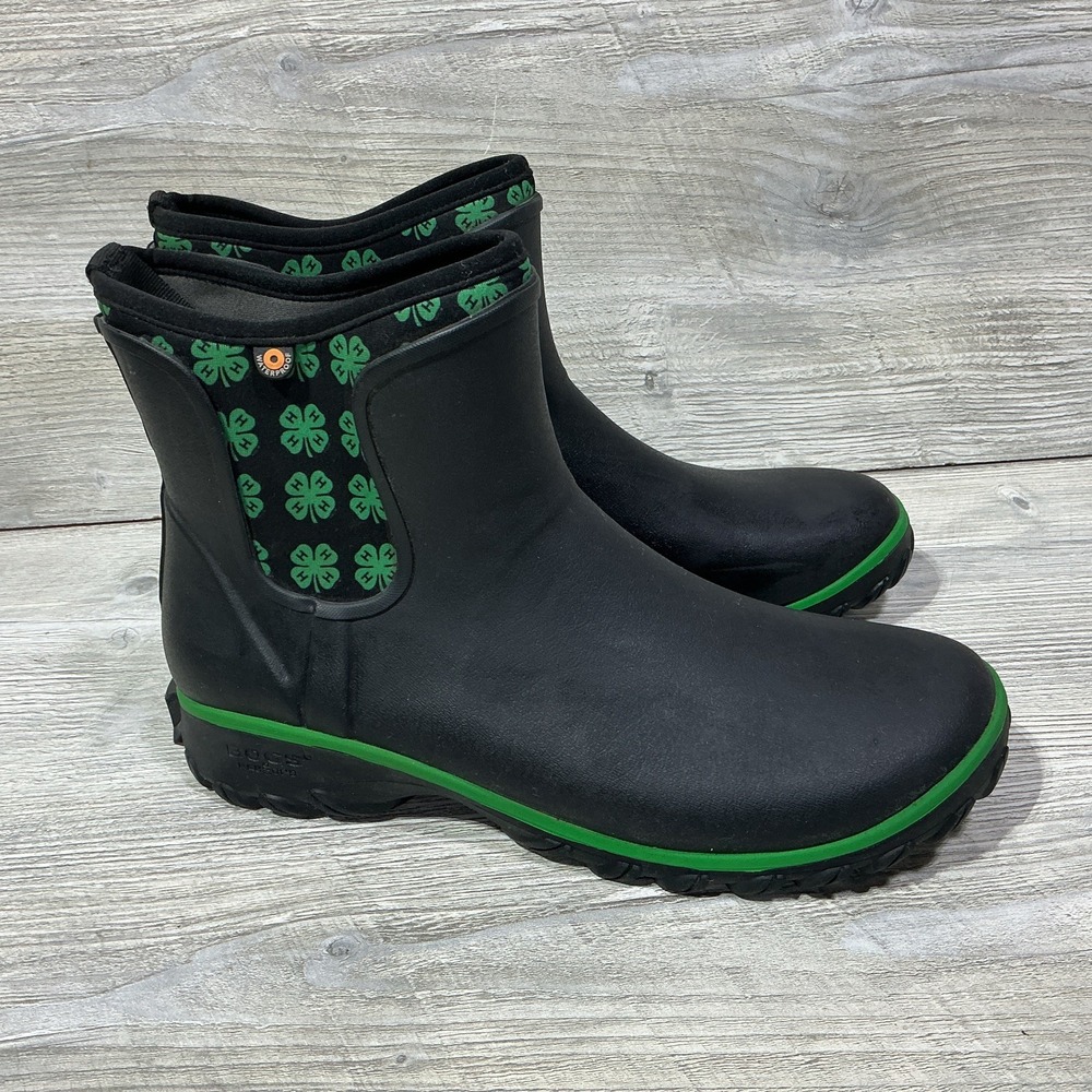 BOGS Women's Sauvie Slip on Waterproof Rain Boots 4-H Print Size 11 Black Green